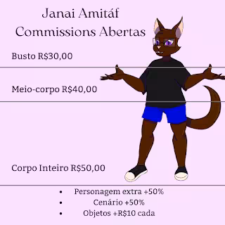 Preços do desenho: busto por 30 reais, meio-corpo por 40 reais e corpo inteiro por 50 reais